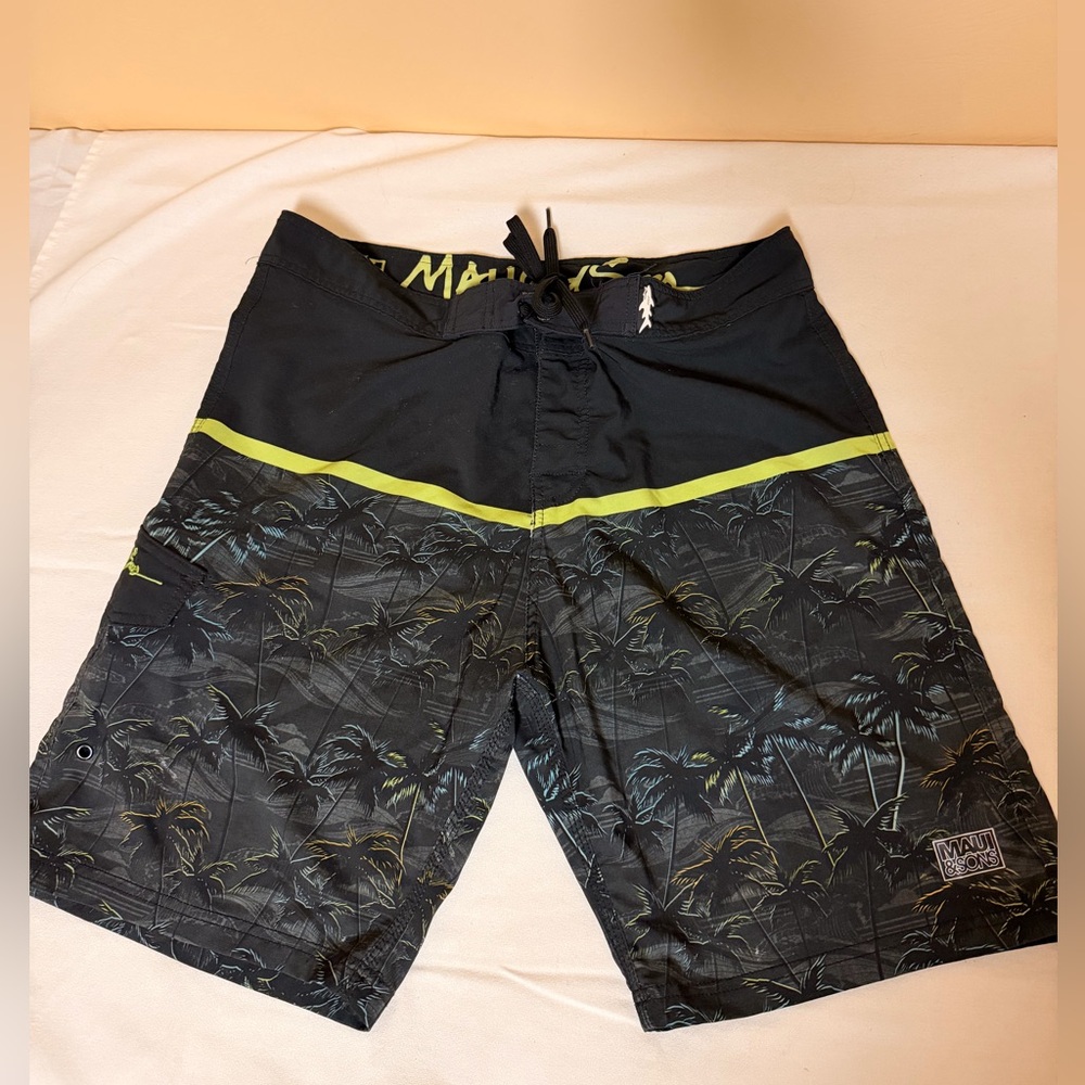 Maui and Sons Black and Yellow Men's Board Shorts Swim Trunks size 34